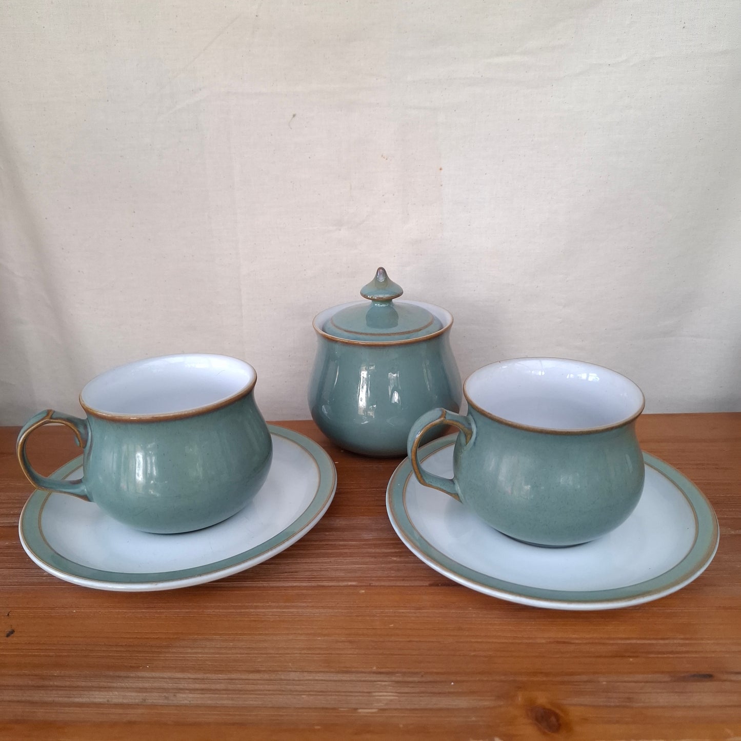 Pair of Denby Regency Green Cups & Saucers with Lidded Sugar Bowl