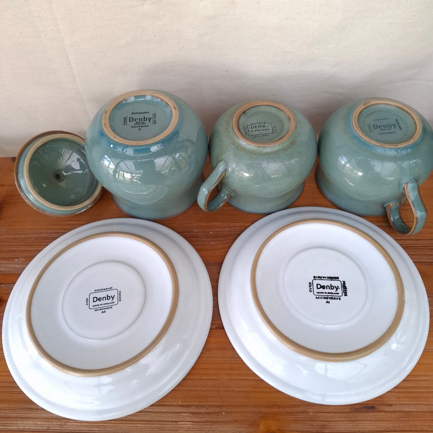 Pair of Denby Regency Green Cups & Saucers with Lidded Sugar Bowl
