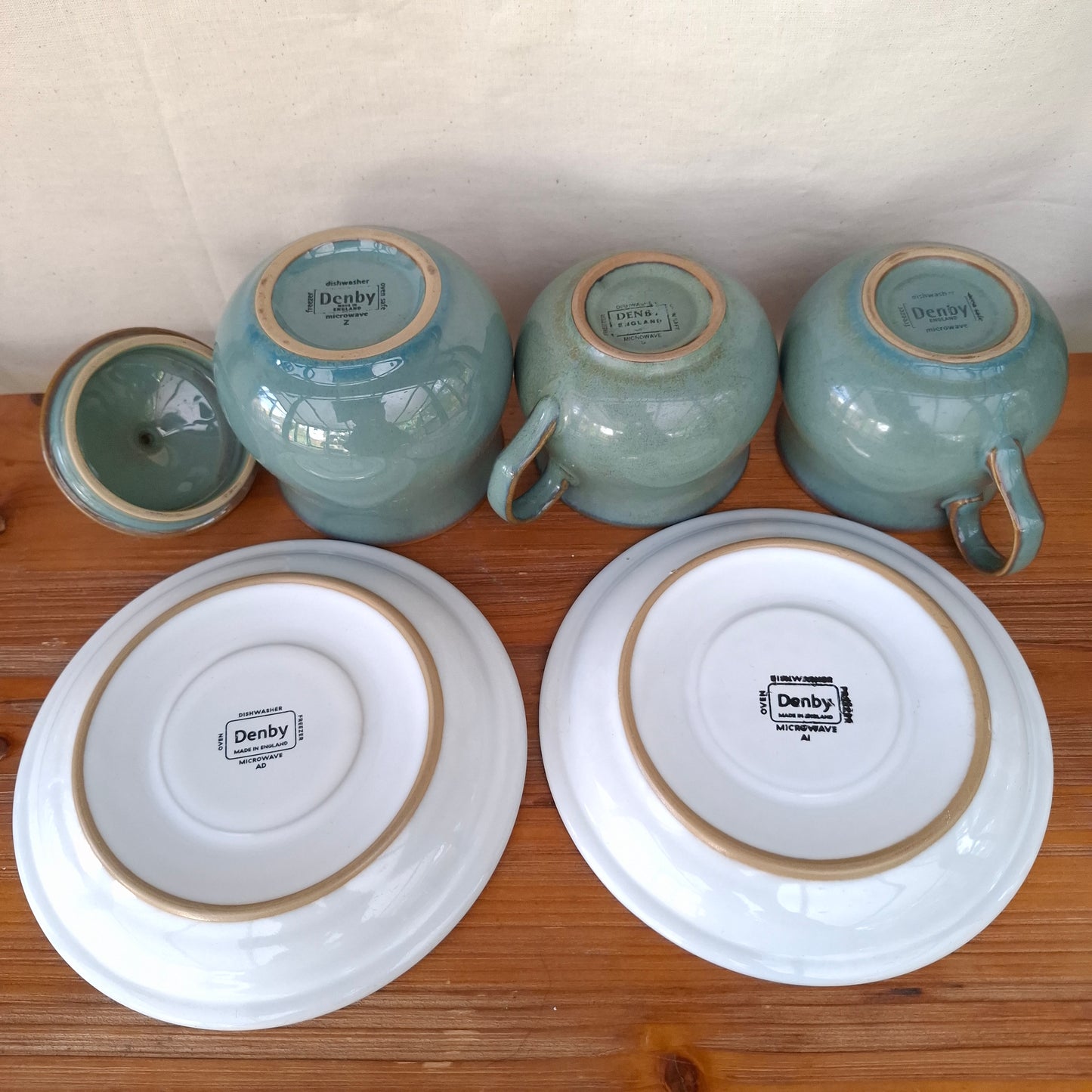 Pair of Denby Regency Green Cups & Saucers with Lidded Sugar Bowl