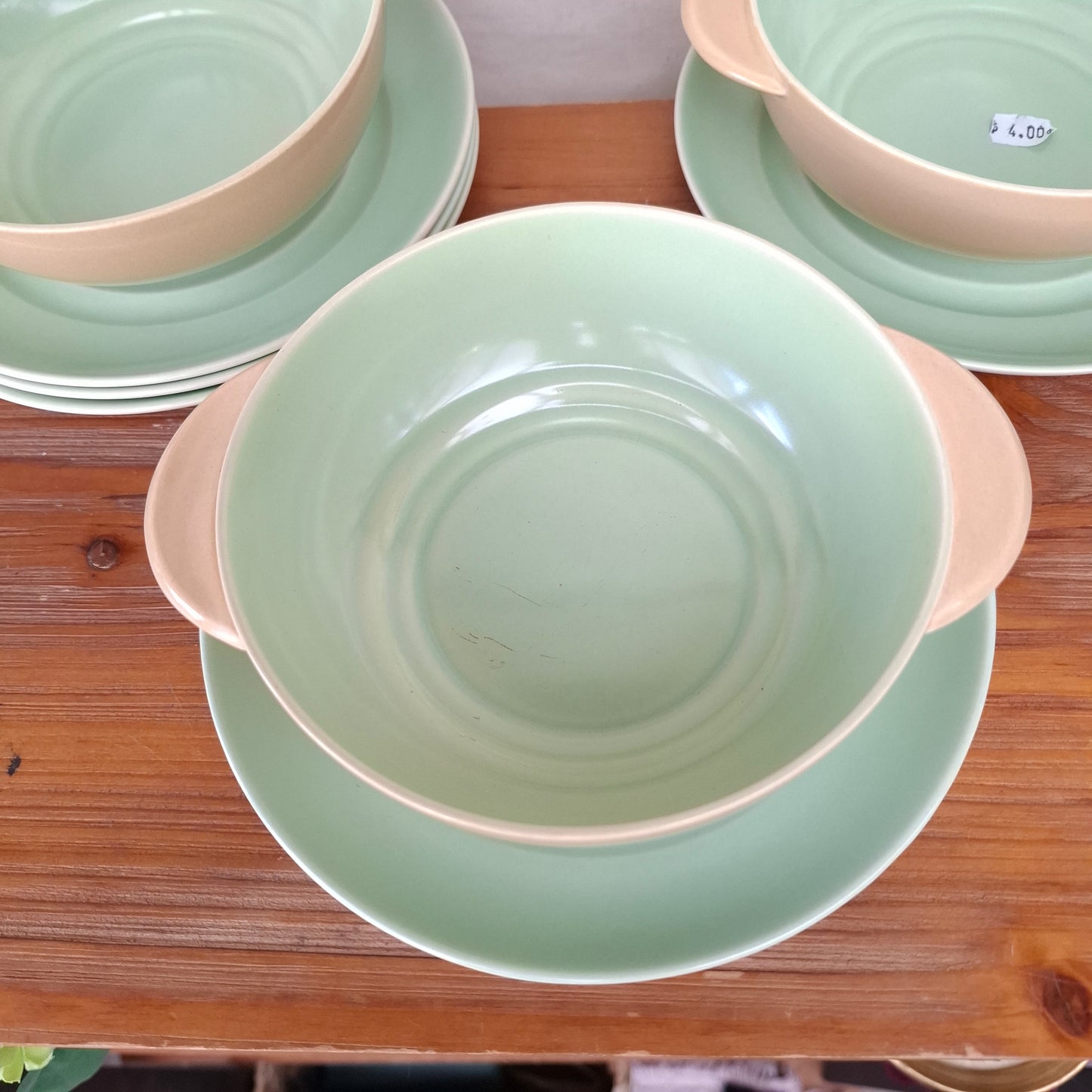 Set of 3 Branksome China Twintone Graceline Soup Bowls & Saucers