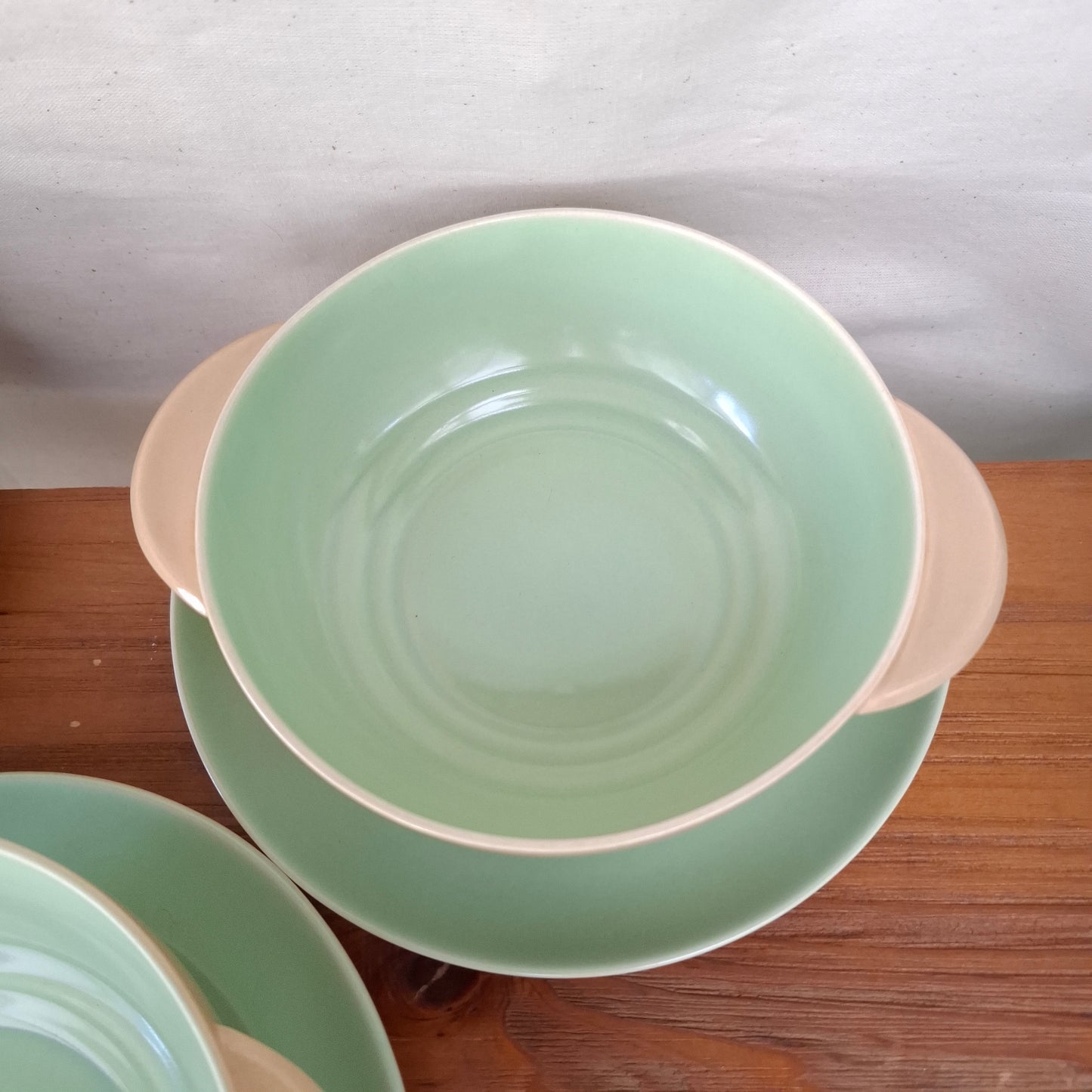 Set of 3 Branksome China Twintone Graceline Soup Bowls & Saucers