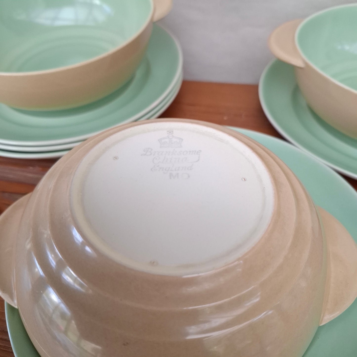 Set of 3 Branksome China Twintone Graceline Soup Bowls & Saucers