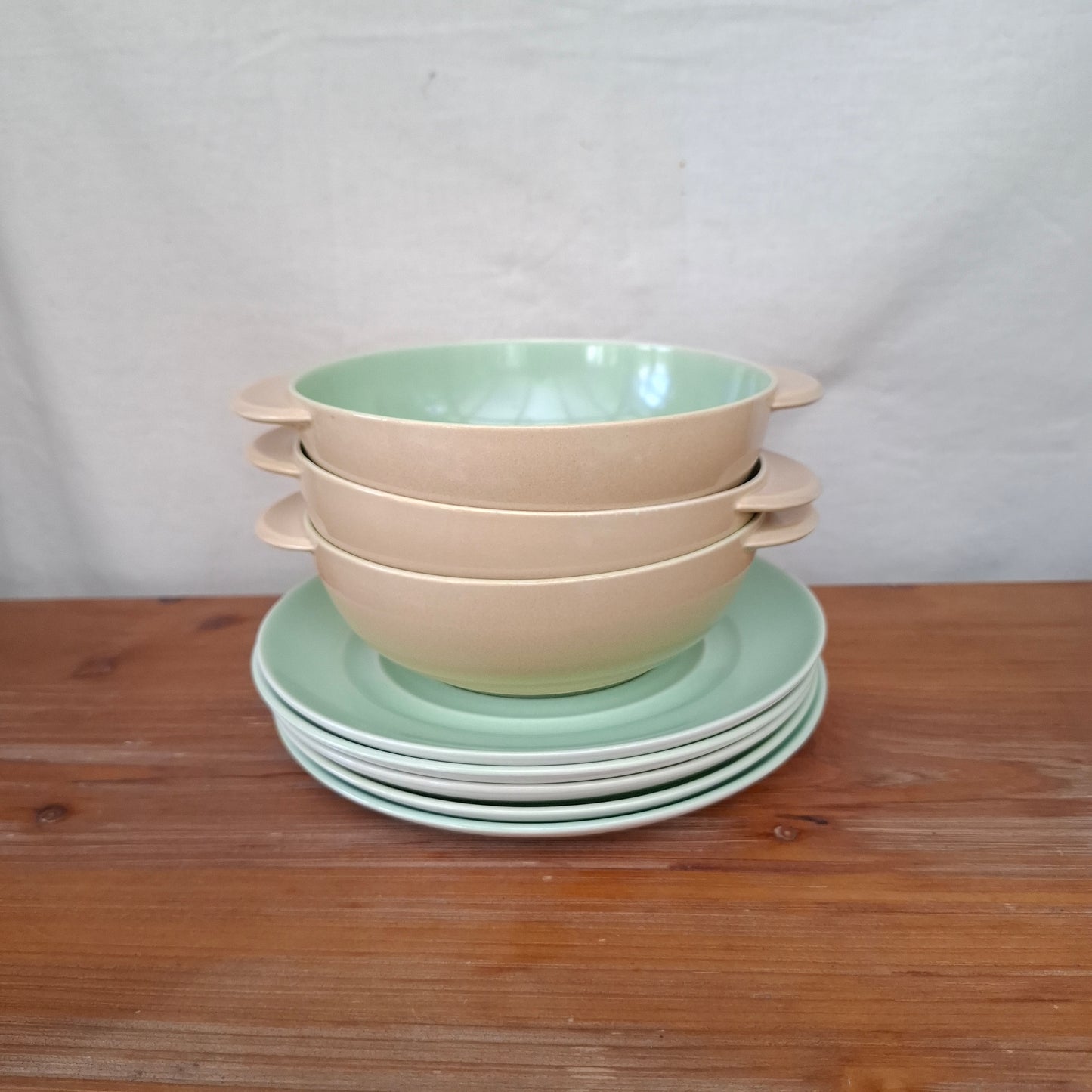Set of 3 Branksome China Twintone Graceline Soup Bowls & Saucers