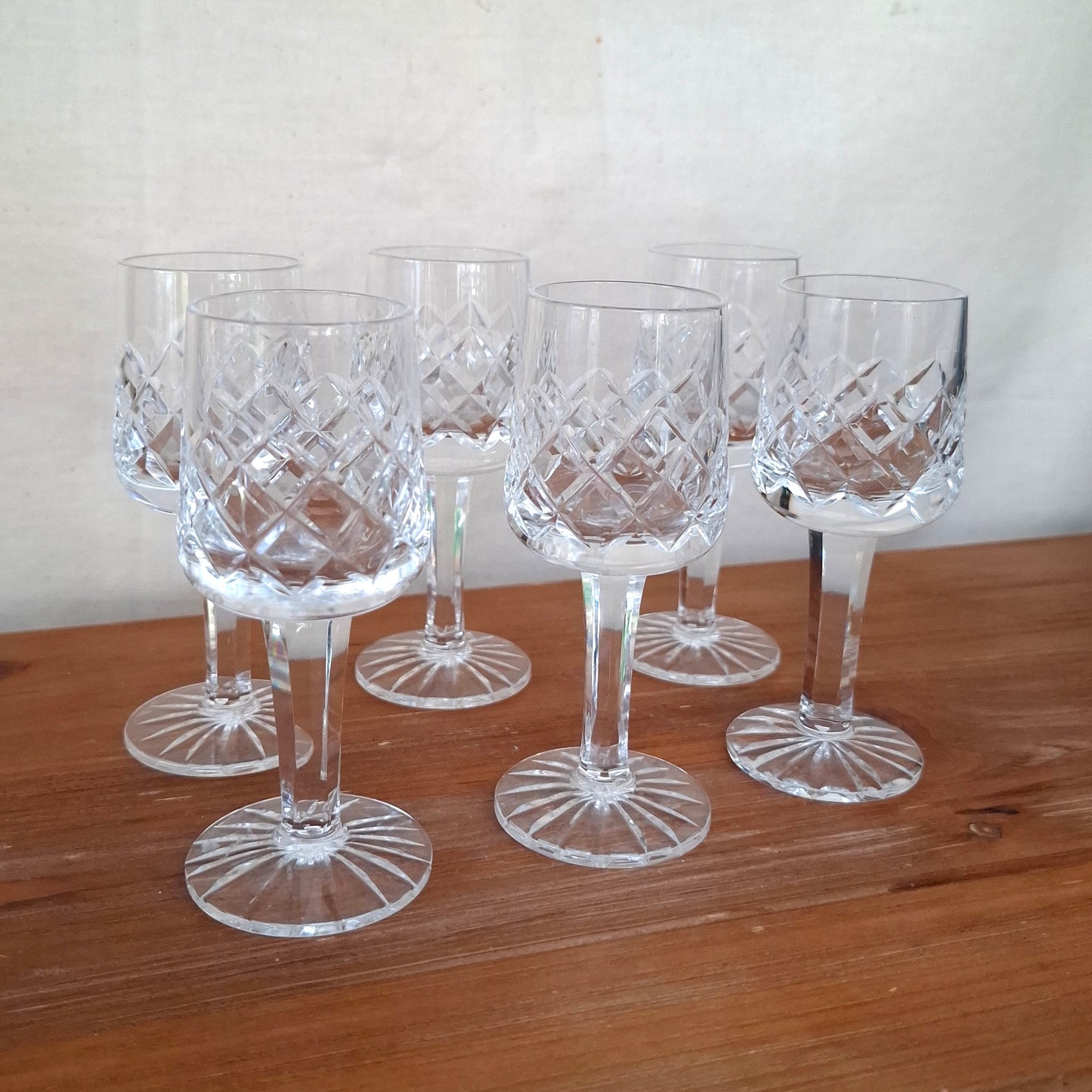 Set of 6 Crystal Clear Criss Cross Stemmed Liqueur Sherry/Port Glasses