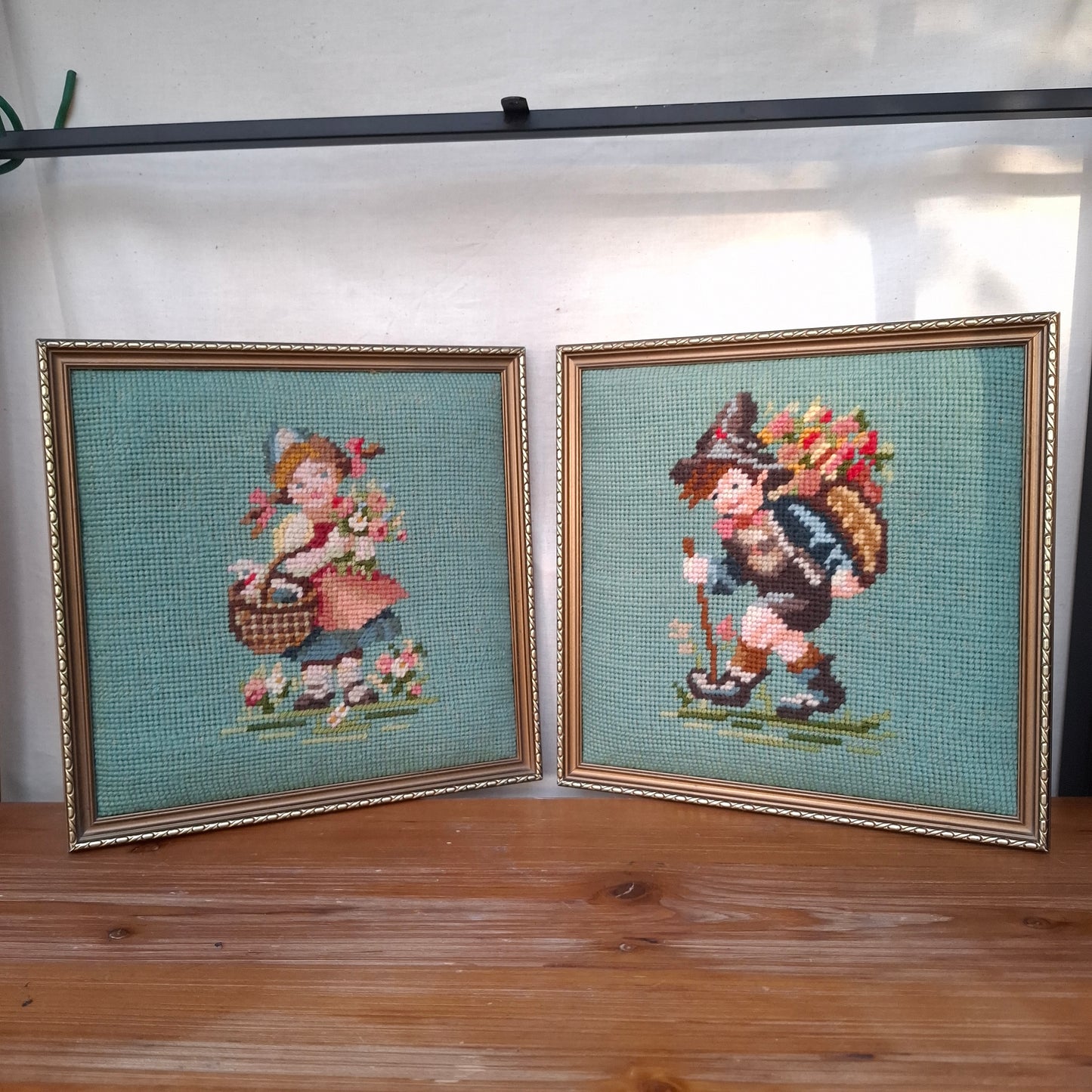 Pair of Vintage Framed Hummel Goebel Boy & Girl Needlepoints