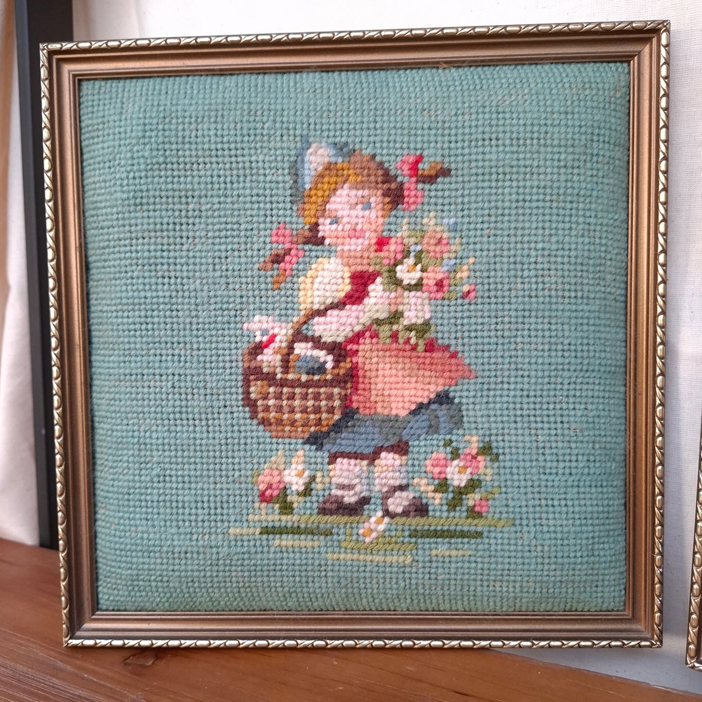 Pair of Vintage Framed Hummel Goebel Boy & Girl Needlepoints