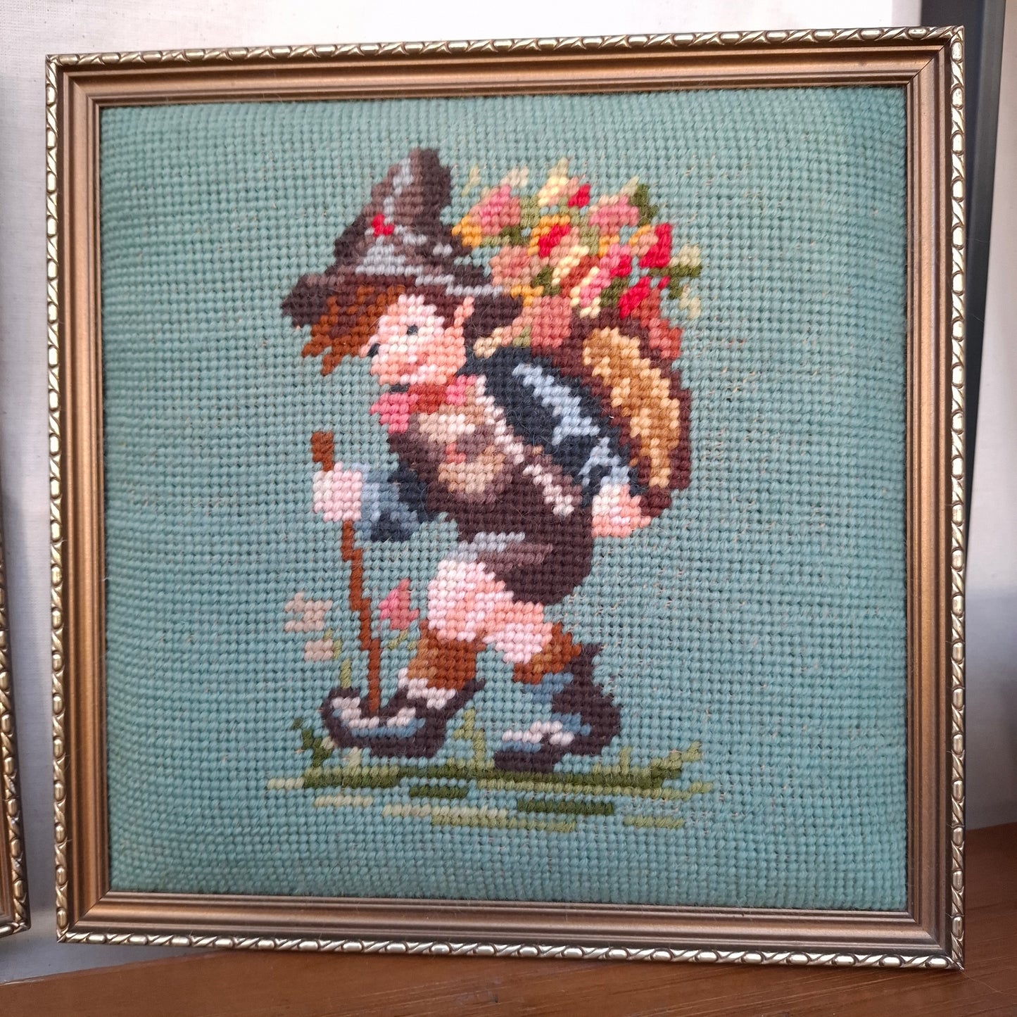 Pair of Vintage Framed Hummel Goebel Boy & Girl Needlepoints