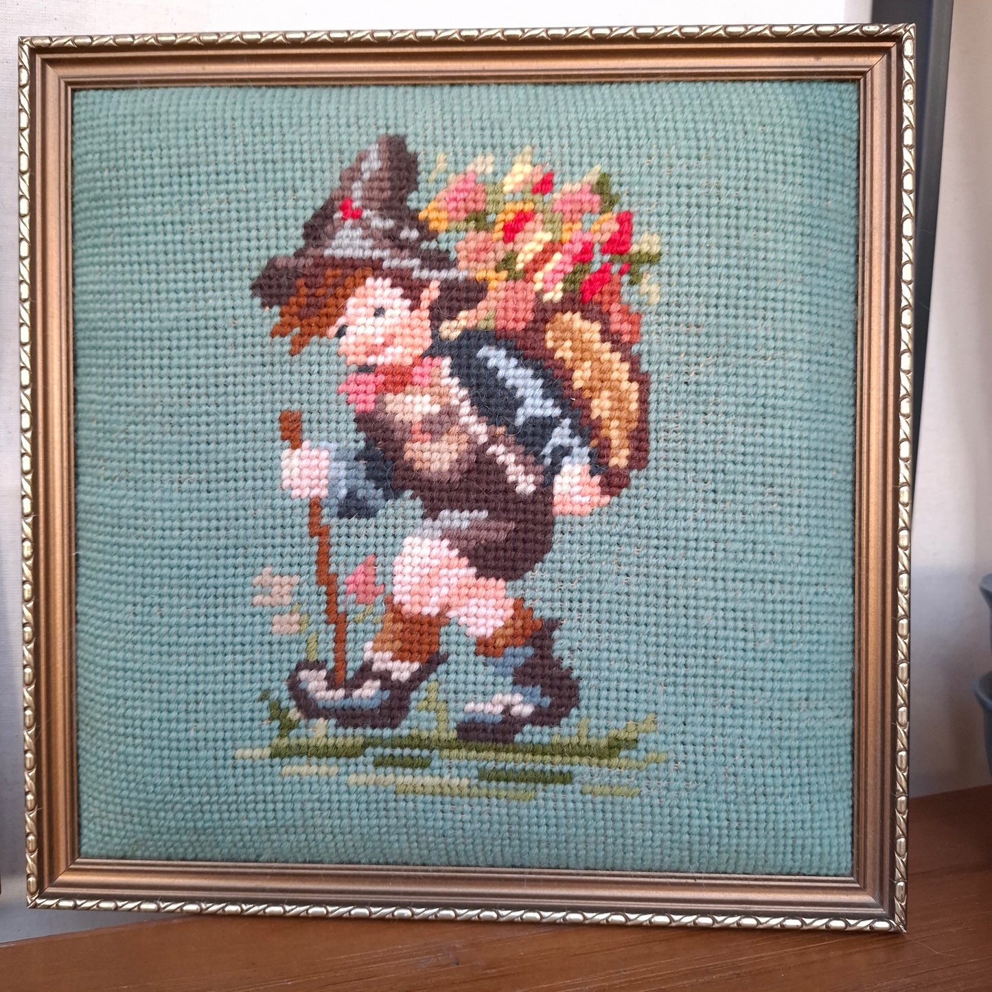 Pair of Vintage Framed Hummel Goebel Boy & Girl Needlepoints