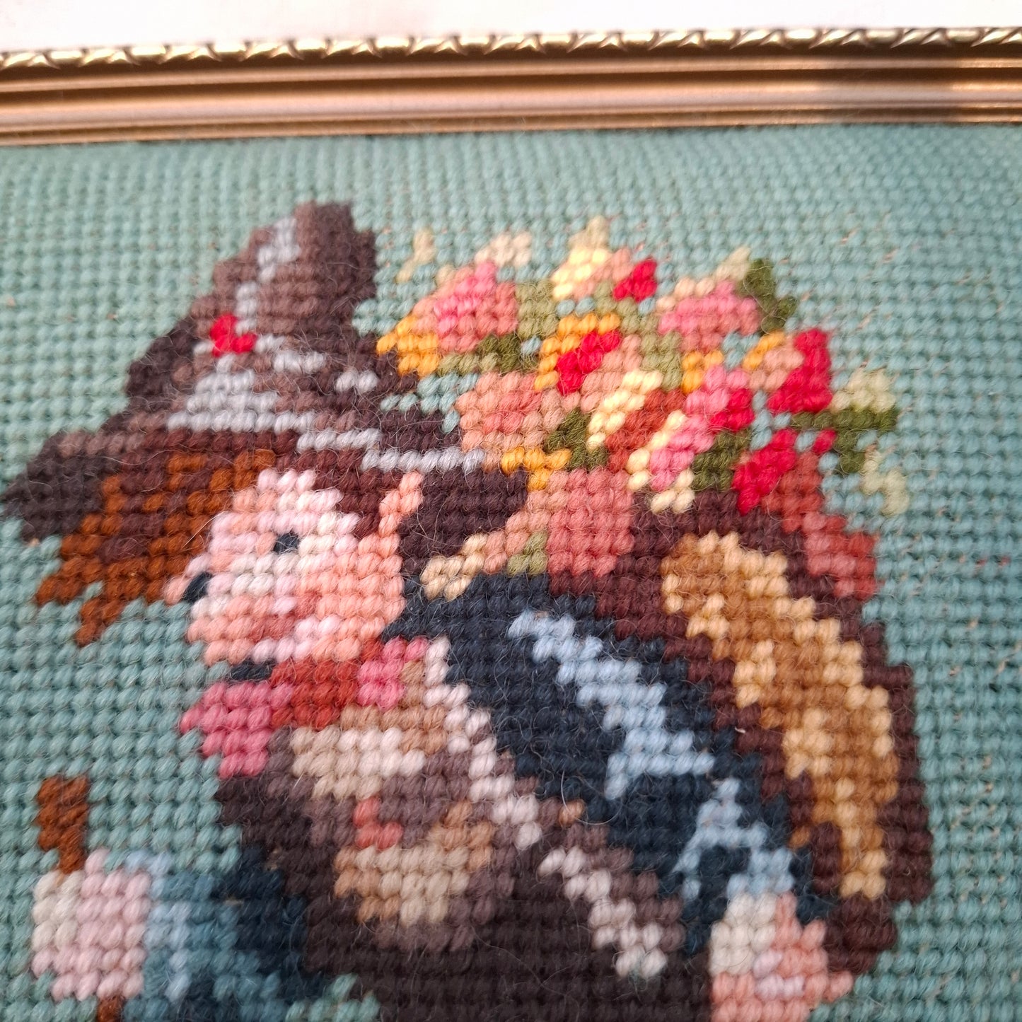 Pair of Vintage Framed Hummel Goebel Boy & Girl Needlepoints