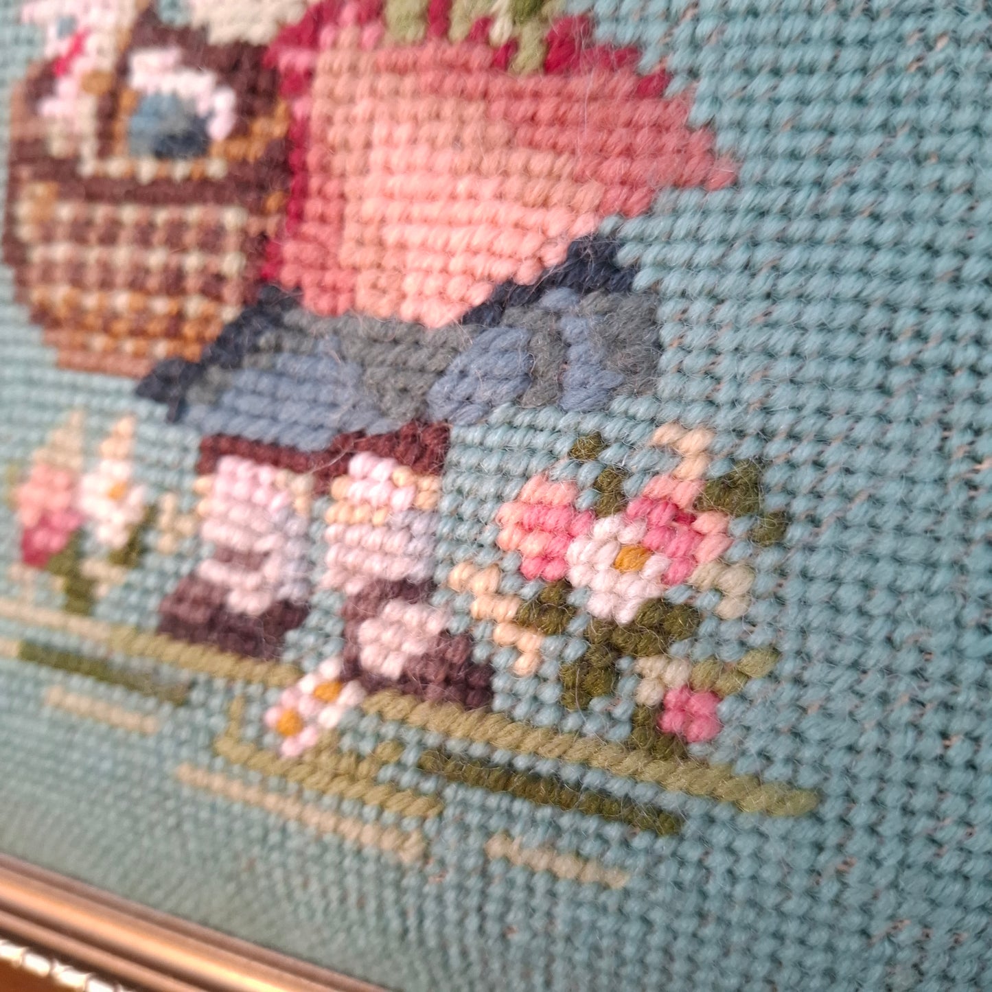 Pair of Vintage Framed Hummel Goebel Boy & Girl Needlepoints