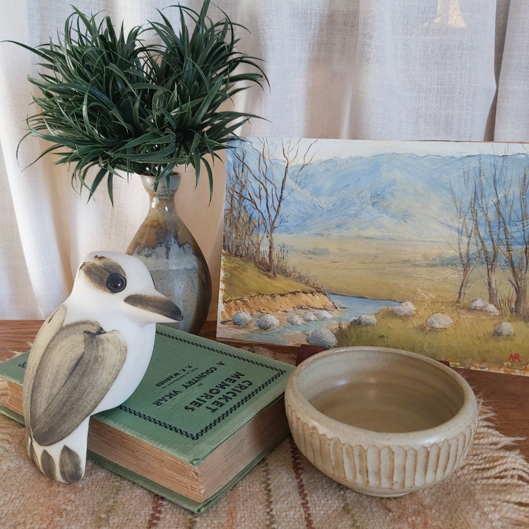 Stoneware Ridged Pottery Bowl Signed JT