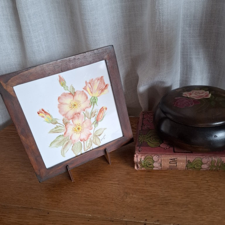 Framed Hand Painted Floral Tile Signed B Inwood 81