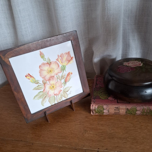 Framed Hand Painted Floral Tile Signed B Inwood 81