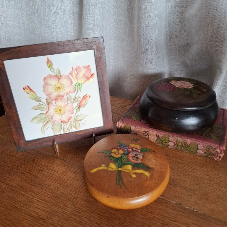 Dark Wood Trinket Box With Handpainted Roses