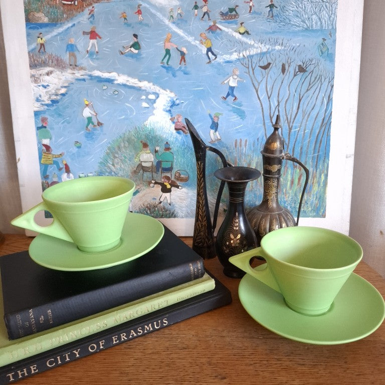 Rare Bob Steiner Green Deco Pair or Tea Cups and Saucers