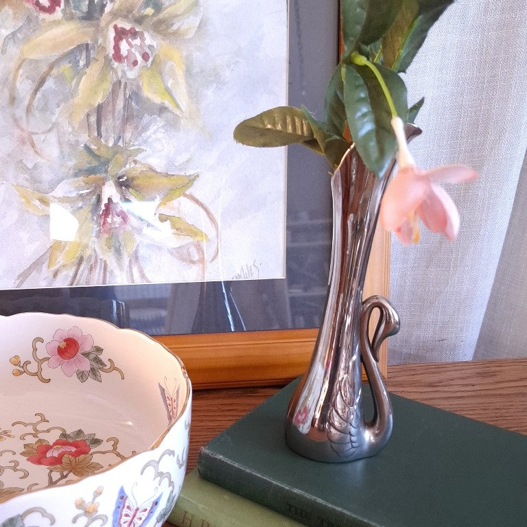 Vintage Art Deco Style Silver Plated Swan Vase