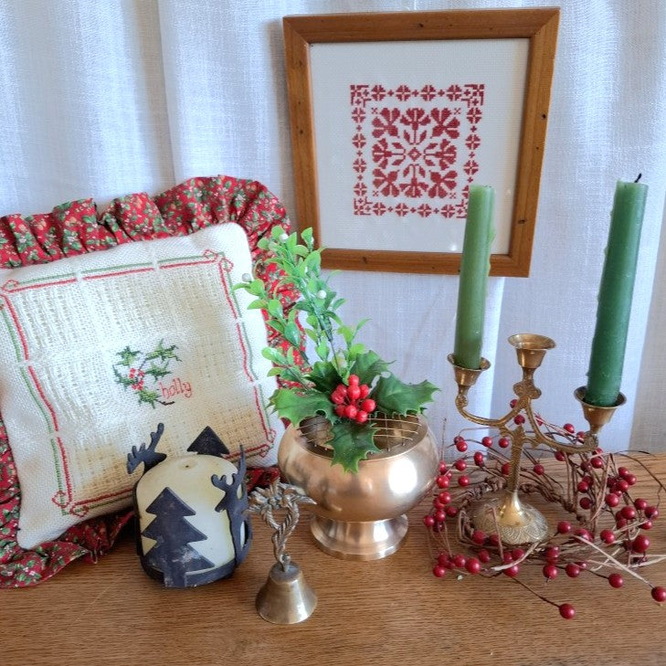 Classic Framed Redwork Floral Cross Stitch Needlepoint Art