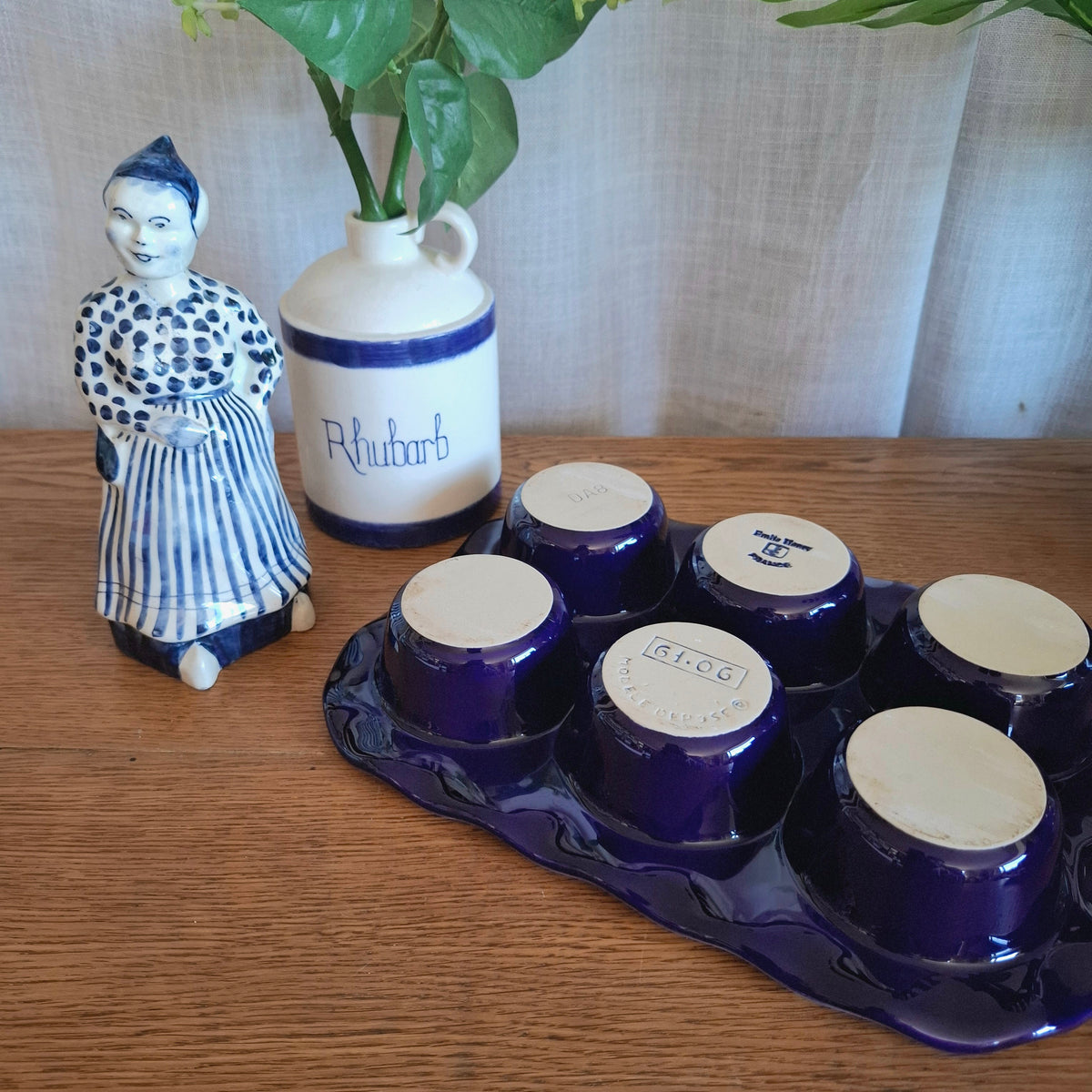 Vintage Emile Henry Ceramic 6-Cup Muffin Pan - Cobalt Blue