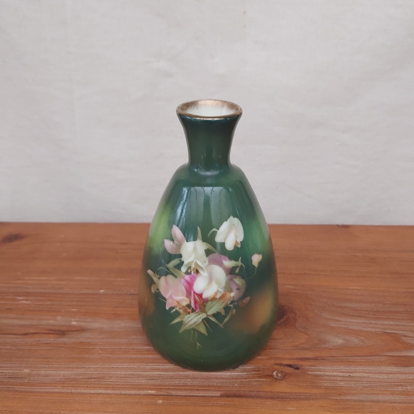 Pretty Antique Green Vase with Gold Rim