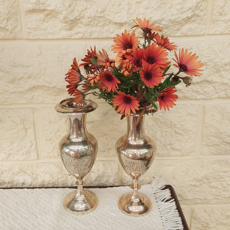 Pair of Matching Engraved Brass Vases