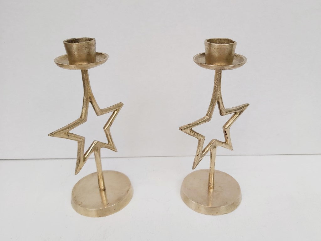 Pair of Brass Star Tapered Candle Holders