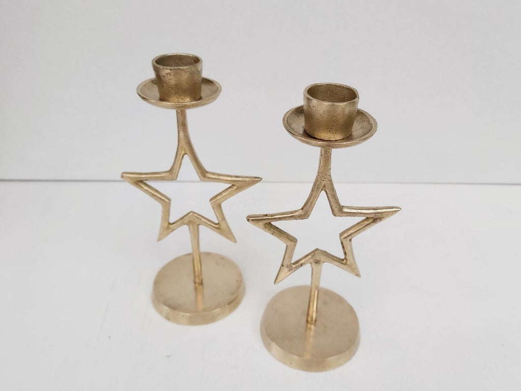 Pair of Brass Star Tapered Candle Holders