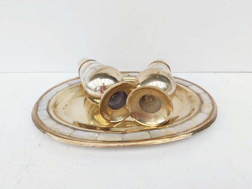 Mother of Pearl Inlaid Brass Salt & Pepper Shakers with Tray