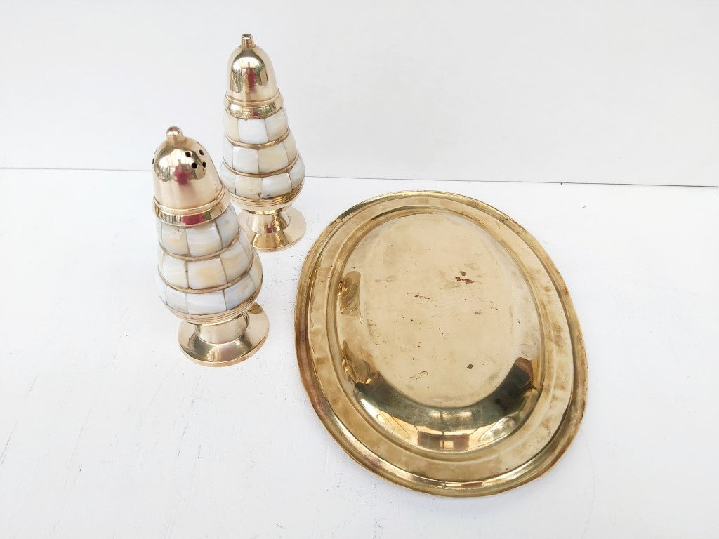 Mother of Pearl Inlaid Brass Salt & Pepper Shakers with Tray