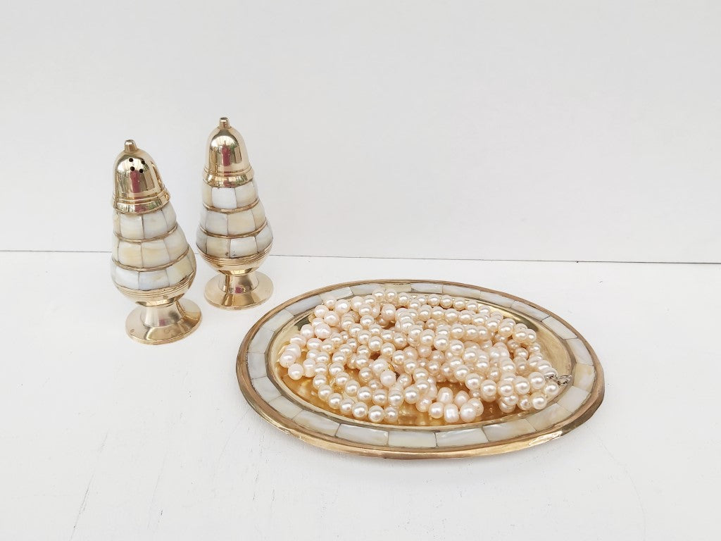 Mother of Pearl Inlaid Brass Salt & Pepper Shakers with Tray
