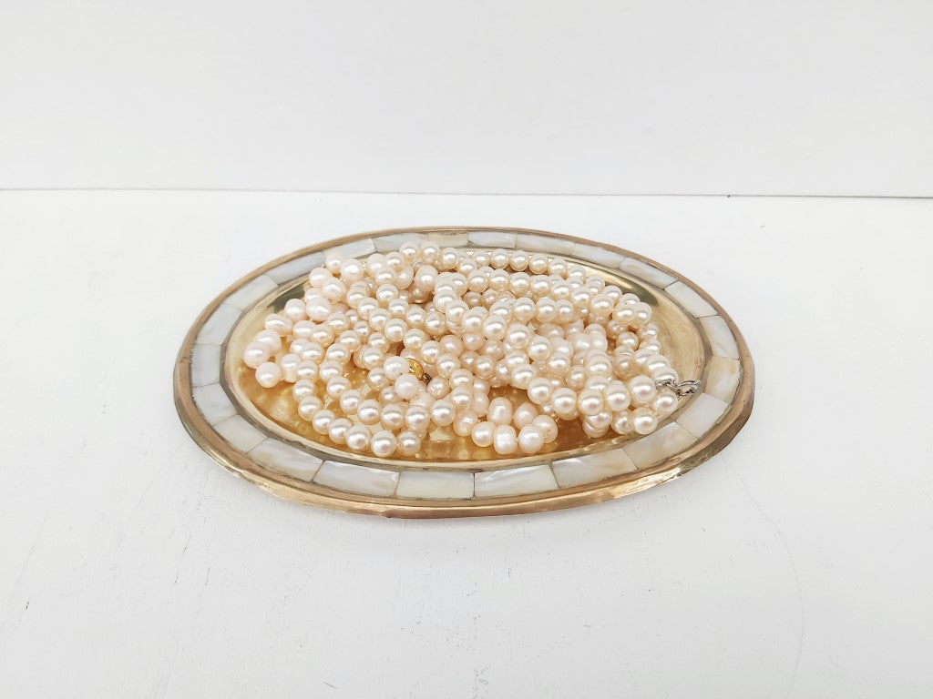 Mother of Pearl Inlaid Brass Salt & Pepper Shakers with Tray