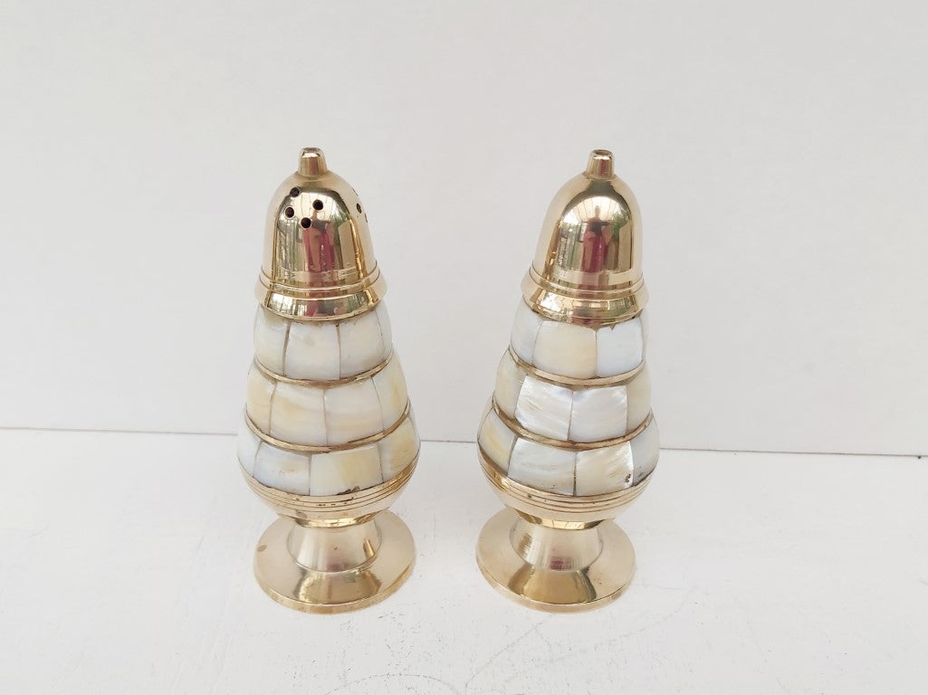 Mother of Pearl Inlaid Brass Salt & Pepper Shakers with Tray