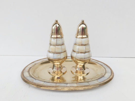 Mother of Pearl Inlaid Brass Salt & Pepper Shakers with Tray