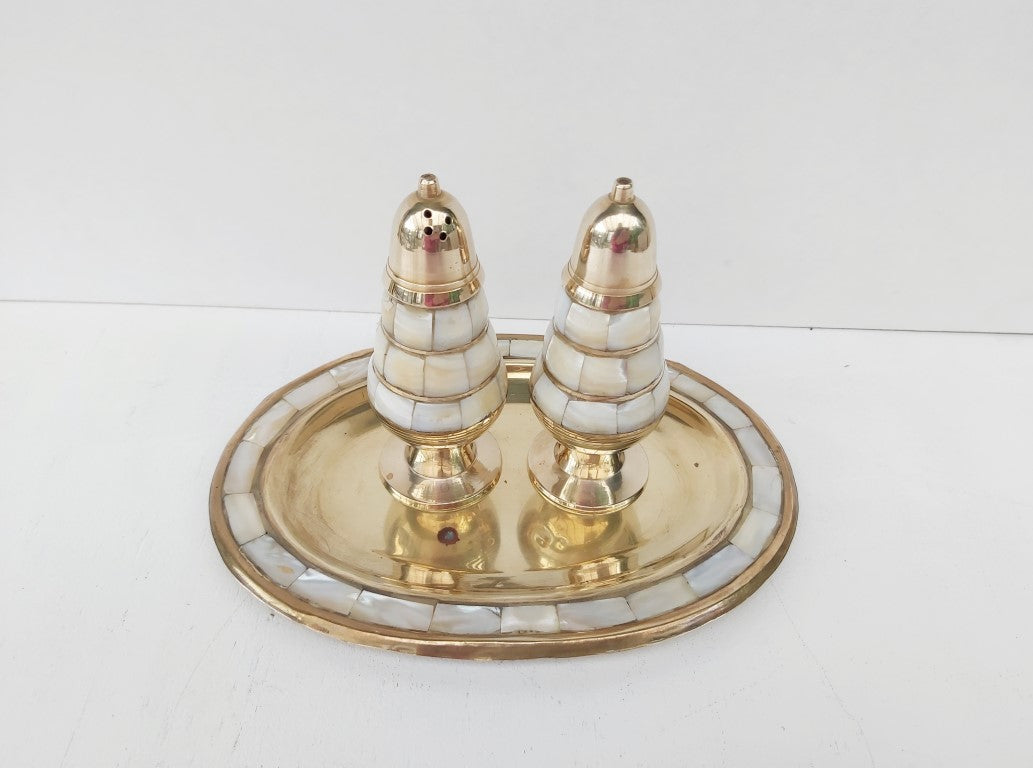 Mother of Pearl Inlaid Brass Salt & Pepper Shakers with Tray