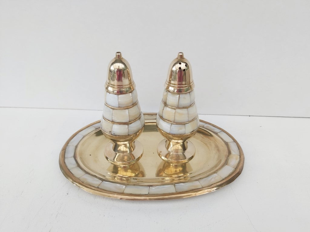 Mother of Pearl Inlaid Brass Salt & Pepper Shakers with Tray