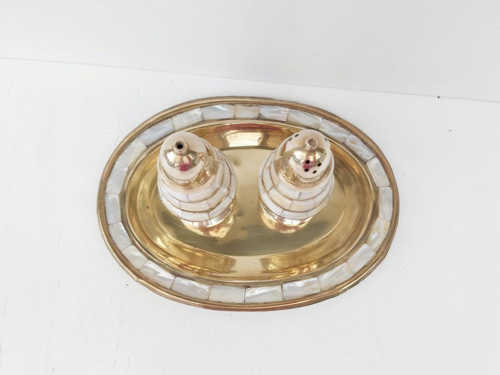 Mother of Pearl Inlaid Brass Salt & Pepper Shakers with Tray