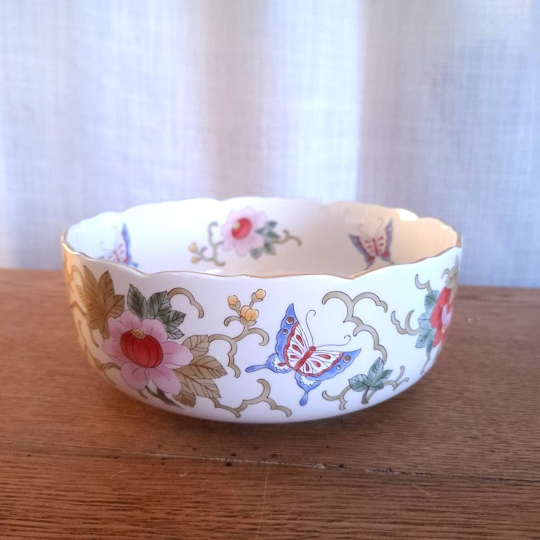 Chinoiserie Style Butterfly and Flower Gold Rimmed Bowl