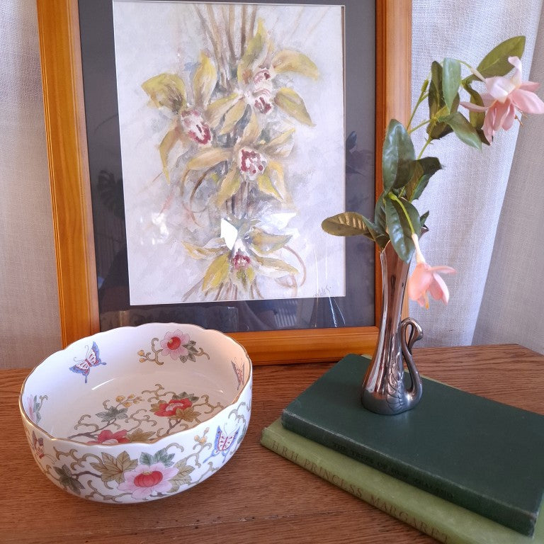 Chinoiserie Style Butterfly and Flower Gold Rimmed Bowl