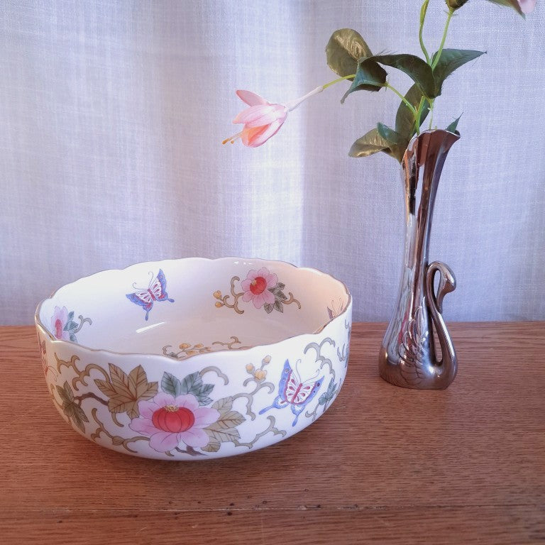 Chinoiserie Style Butterfly and Flower Gold Rimmed Bowl