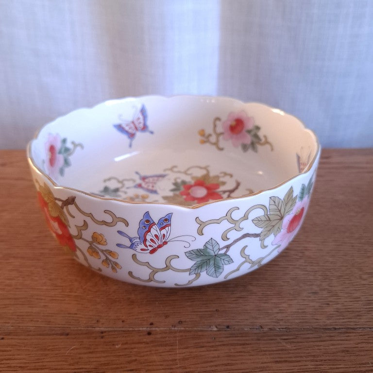 Chinoiserie Style Butterfly and Flower Gold Rimmed Bowl