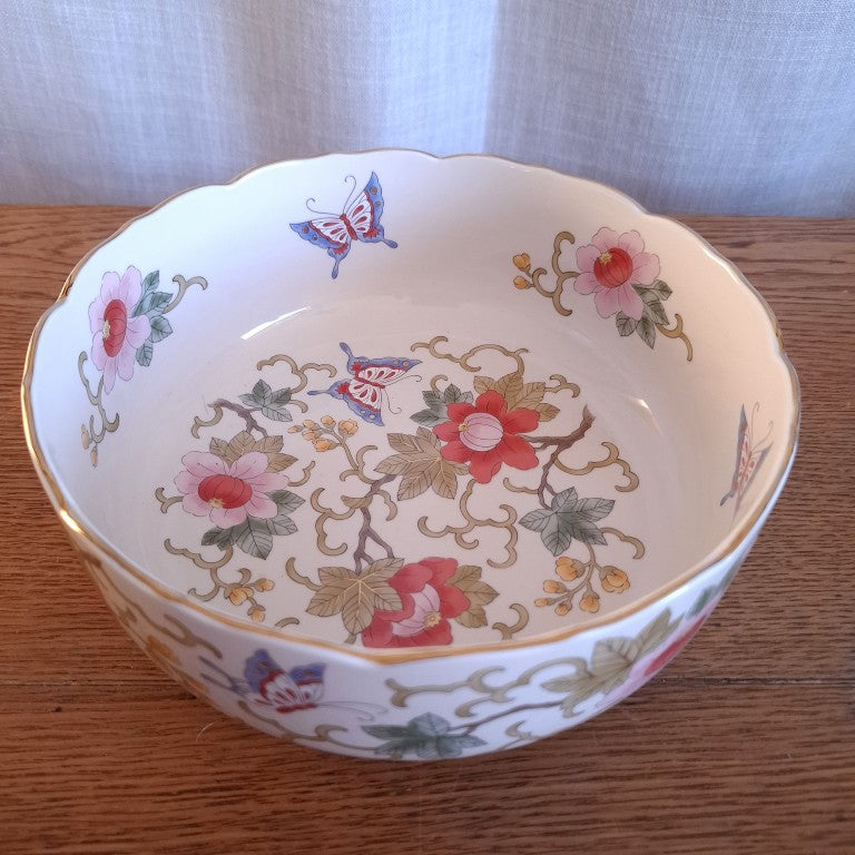 Chinoiserie Style Butterfly and Flower Gold Rimmed Bowl