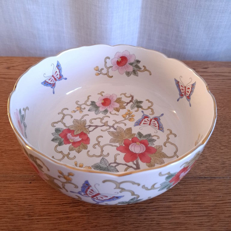 Chinoiserie Style Butterfly and Flower Gold Rimmed Bowl