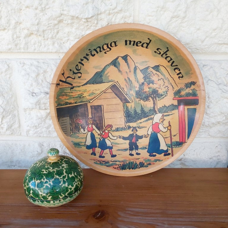 Vintage Norwegian Folk Song Painted Wood Plate
