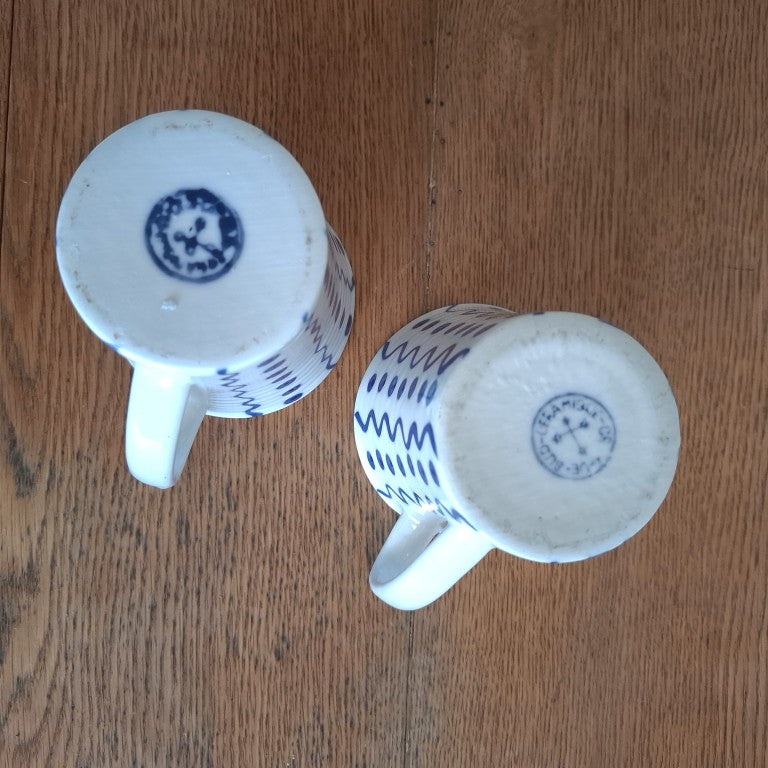 Pair of 1990's Croix De Sud Handpainted Stripes & Spots Mugs