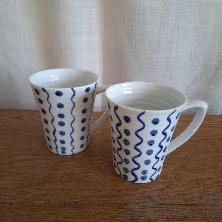 Pair of 1990's Croix De Sud Handpainted Stripes & Spots Mugs