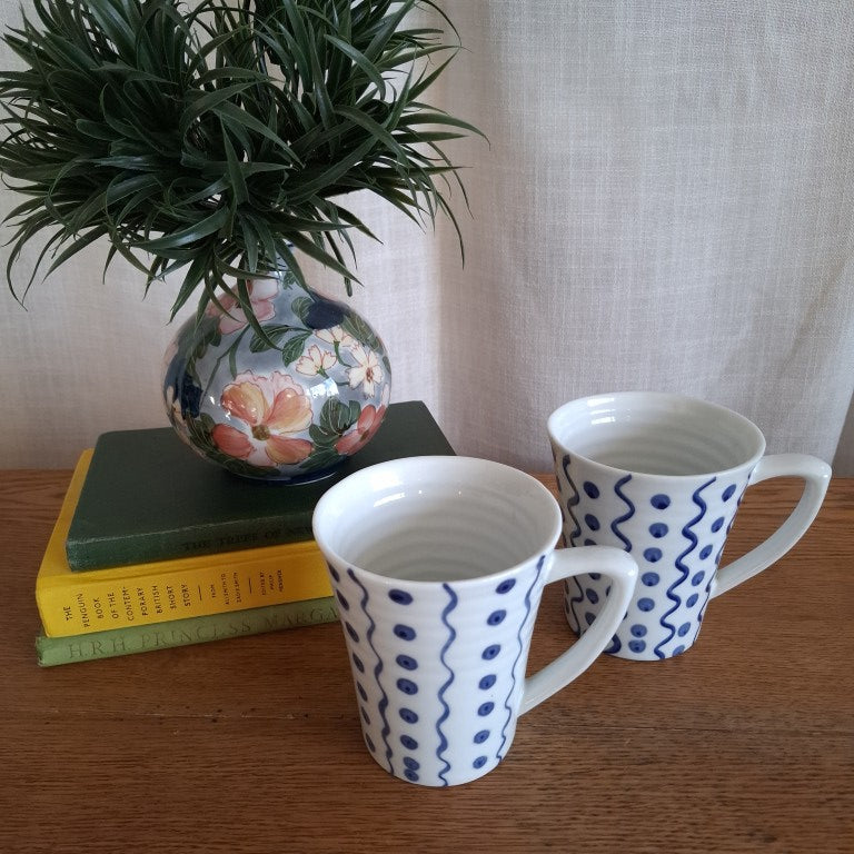 Pair of 1990's Croix De Sud Handpainted Stripes & Spots Mugs