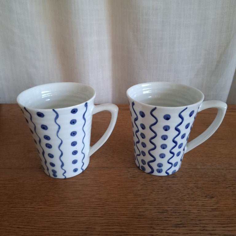 Pair of 1990's Croix De Sud Handpainted Stripes & Spots Mugs