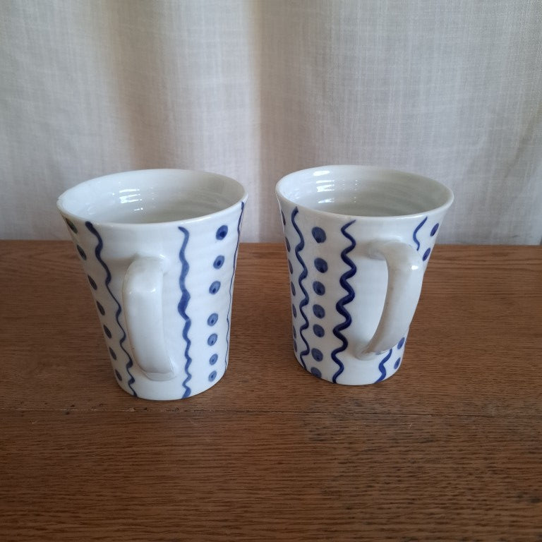 Pair of 1990's Croix De Sud Handpainted Stripes & Spots Mugs