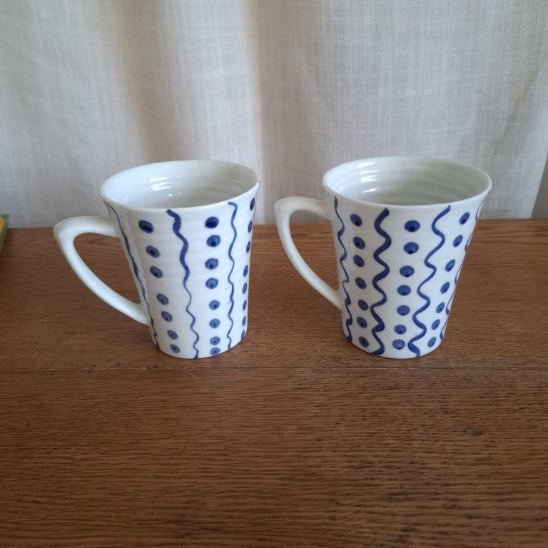 Pair of 1990's Croix De Sud Handpainted Stripes & Spots Mugs
