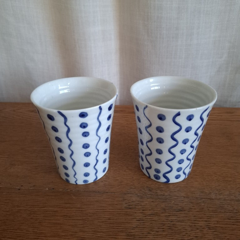 Pair of 1990's Croix De Sud Handpainted Stripes & Spots Mugs