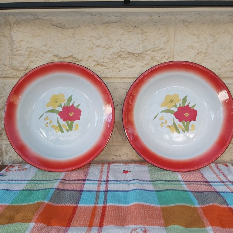 Pair of Enamel Flying Crane Bowls